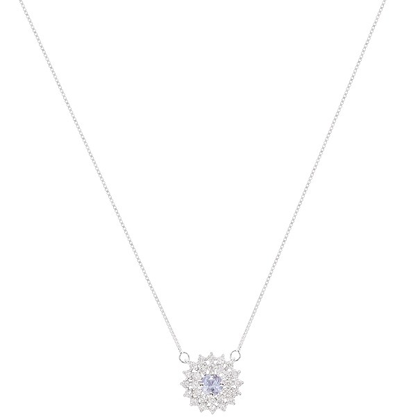 Gargantilha em Ouro Branco 18k Chuveiro Redonda com 1 Água Marinha 4mm 0.25Cts com 28 Diamantes 0.43Cts