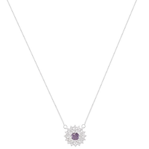 Gargantilha em Ouro Branco 18kChuveiro Redonda com 1 Safira Roxa 4mm 0.33Cts com 28 Diamantes 0.43Cts