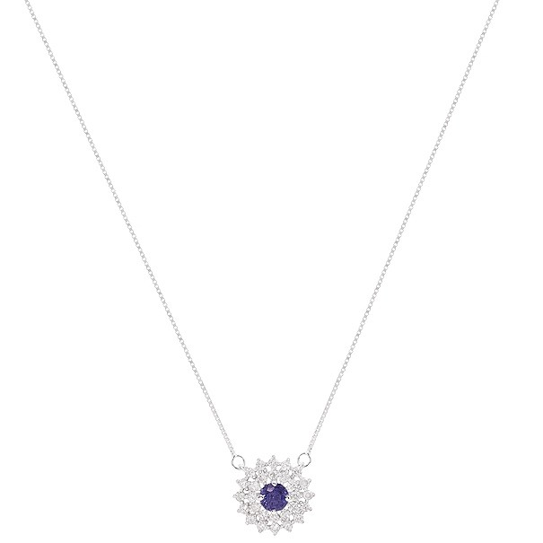Gargantilha em Ouro Branco 18k Chuveiro Redonda com 1 Safira 4mm 0.38Cts com 28 Diamantes 0.43Cts