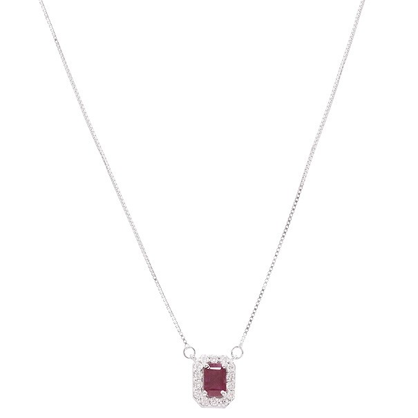 Gargantilha  em Ouro Branco 18k Chuveiro Retangular  com 1 Rubi 6x4mm 0.65Cts com 14 Diamantes 0.21Cts