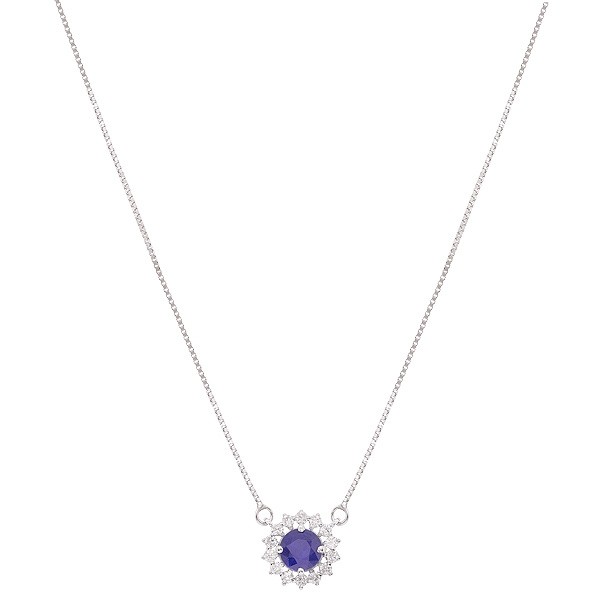 Gargantilha Em Ouro Branco 18k Chuveiro Redondo Com 1 Safira De 0.64 CTS Com 14 Diamantes De 0.22 CTS