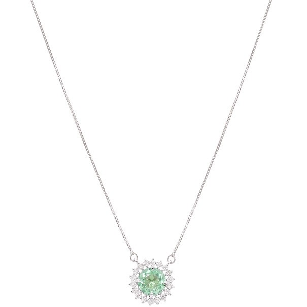 Gargantilha em Ouro Branco 18k Chuveiro Redondo Com 1 Esmeralda De 1.13 Quilates Com 18 Diamantes De 0.28 Quilates