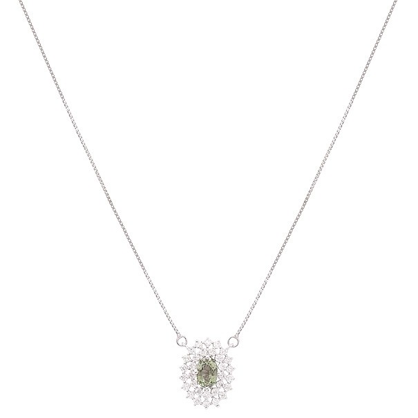 Gargantilha Em Ouro  Branco 18k Chuveiro Oval Com 1 Safira Verde  De 0.62 CTS Com 31 Diamantes De 0.45 CTS