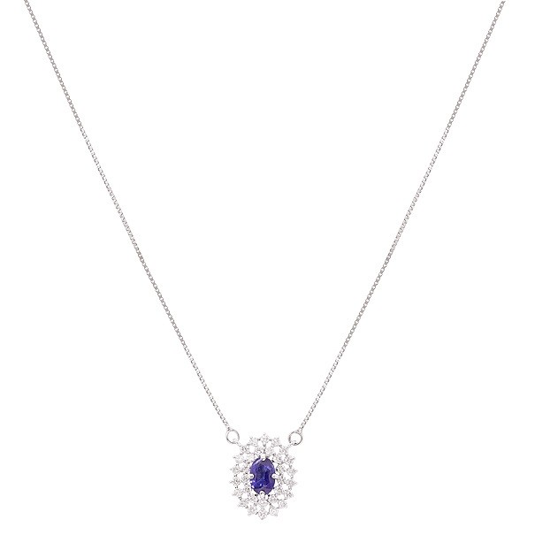 Gargantilha em Ouro Branco 18k Chuveiro Oval com 1 Safira 6x4mm 0.66Cts com 31 Diamantes 0.45Cts