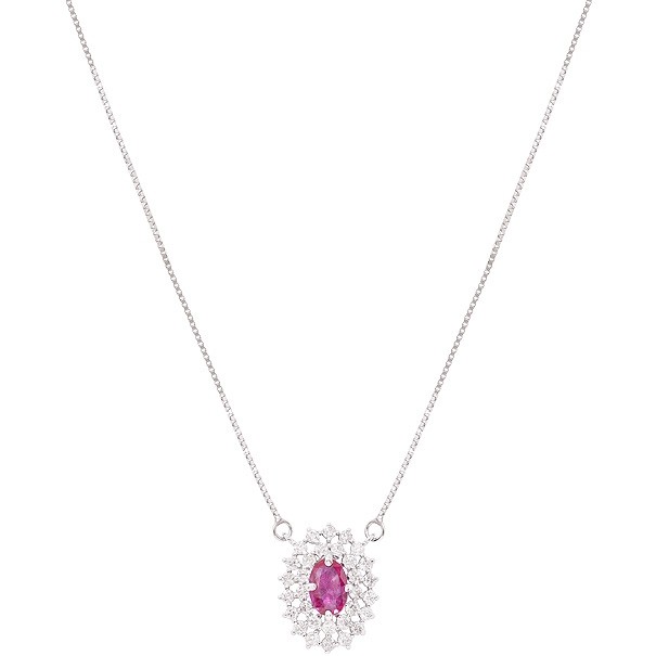 Gargantilha Em Ouro  Branco 18k Chuveiro Oval Com 1 Rubi De 0.46 CTS Com 31 Diamantes De 0.45 CTS