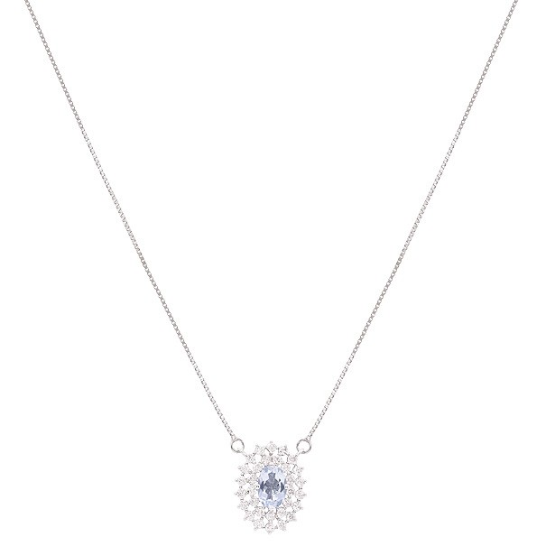 Gargantilha em Ouro Branco 18k Chuveiro Oval Com 1 Água Marinha 6x4mm 0.44cts Com 31 Diamantes 0.45cts