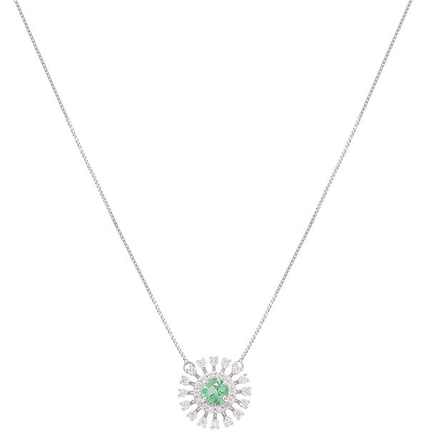 Gargantilha Em Ouro Branco 18k Chuveiro Redondo Com 1 Esmeralda 5mm 0.64cts Com 30 Diamantes 0.45cts