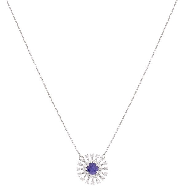 Gargantilha em Ouro Branco 18k Chuveiro Redondo com 1 Safira 5mm 0.64cts com 30 Diamantes 0.45cts