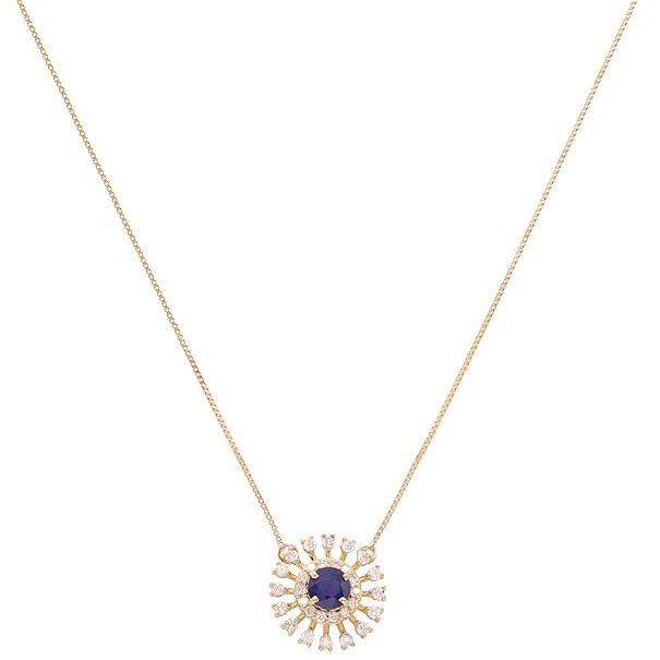 Gargantilha Em Ouro 18k Chuveiro Redondo Com 1 Safira 0.64CTS Com 30 Diamantes 0.45CTS