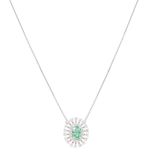 Gargantilha em Ouro Branco 18k Chuveiro Oval com 1 Esmeralda 7x5mm 0.73cts com 34 Diamantes 0.51cts