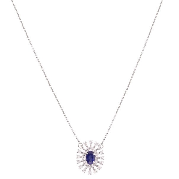 Gargantilha em Ouro Branco 18k Chuveiro Oval com 1 Safira 6x4mm 0.60Cts com 30 Diamantes 0.45Cts