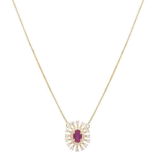 Gargantilha Em Ouro 18k Chuveiro Oval Com 1 Rubi 0.46CTS Com 30 Diamantes 0.45CTS