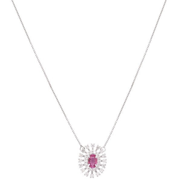 Gargantilha em Ouro Branco 18k Chuveiro Oval com 1 Rubi 6x4mm 0.46cts com 30 Diamantes 0.45cts