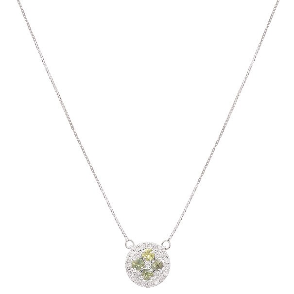 Gargantilha em Ouro Branco 18k Chuveiro com 4 Safiras Verdes 3mm 0.52cts com 24 Diamantes 0.36cts