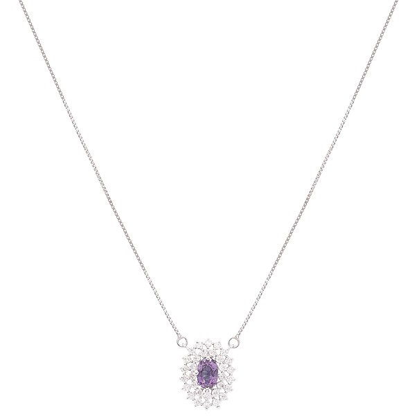 Gargantilha em Ouro Branco 18k Chuveiro Oval com 1 Safira Roxa  6x4mm 0.57Cts com 31 Diamantes 0.45Cts