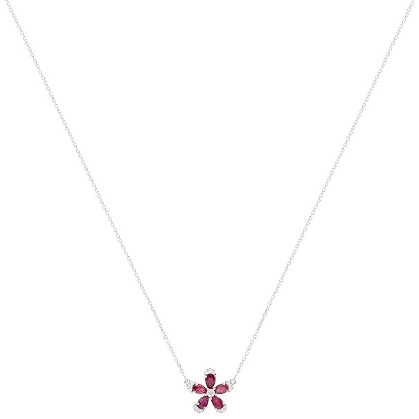 Gargantilha  em Ouro Branco 18k Flor com 5 Rubi 5x3mm 1.13Cts e 16 Diamantes 0.15Cts 