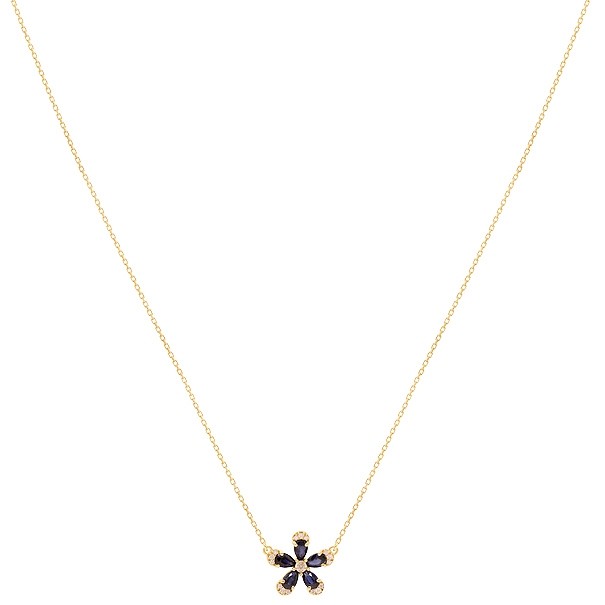 Gargantilha em Ouro 18k Flor com 5 Safiras Gotas 5x3mm 1.30Cts e 16 Diamantes 0.15Cts
