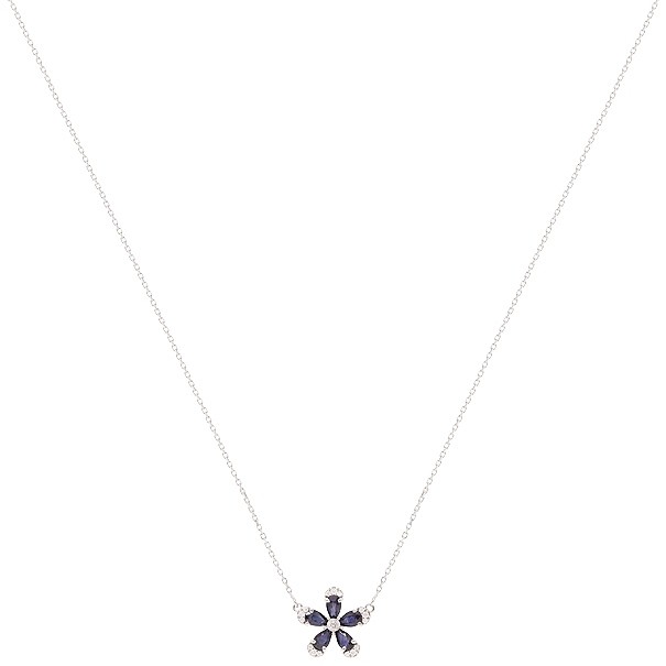 Gargantilha em Ouro Branco 18k Flor com 5 Safiras 5x3mm 1.30Cts e 16 Diamantes 0.15Cts