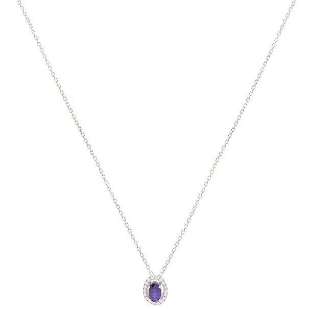 Gargantilha em Ouro Branco 18k Chuveiro Oval com 1 Safira 0.33Cts com 18 Diamantes 0.09Cts