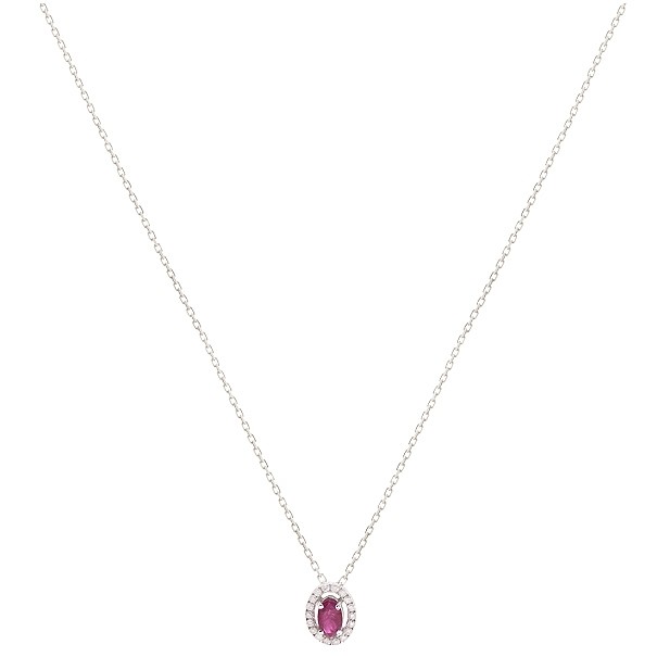 Gargantilha Em Ouro Branca 18k  Chuveiro Oval Com 1 Rubi 0.31CTS Com 18 Diamantes 0.09CTS