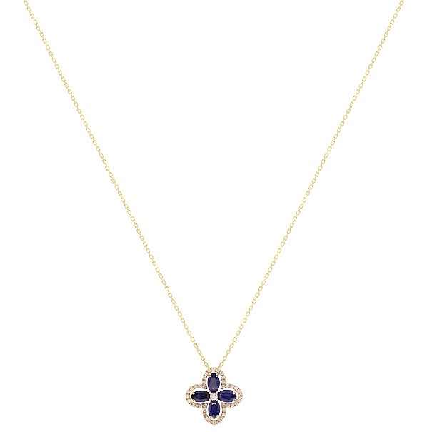 Gargantilha em Ouro 18k Flor com 4 Safiras Navetes 1.25Cts e 41 Diamantes 0.22Cts    