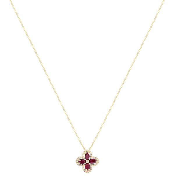 Gargantilha em Ouro 18k Flor com 4 Rubis Navetes 1.17Cts e 41 Diamantes 0.22Cts      