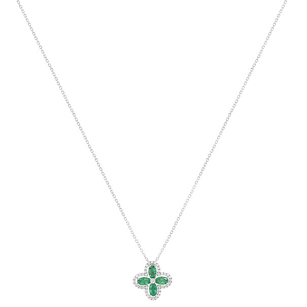 Gargantilha em Ouro Branco 18k Flor com 4 Esmeraldas Navetes 0.90Cts e 41 Diamantes 0.22Cts 