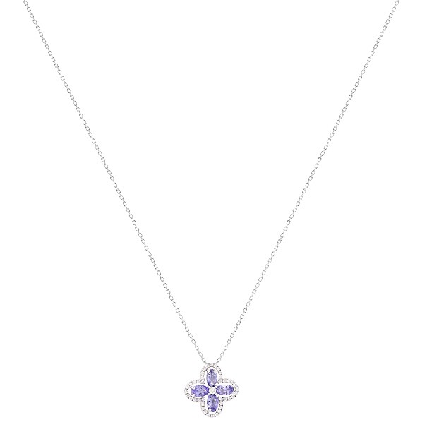 Gargantilha em Ouro Branco 18k Flor com 4 Tanzanitas Navetes 0.88Cts e 41 Diamantes 0.22Cts  