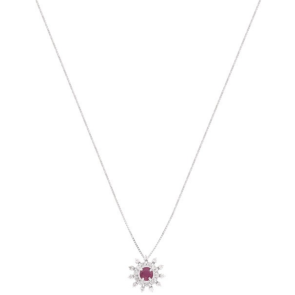 Gargantilha Em Ouro  Branco 18k Chuveiro Flor Com 1 Rubi De 0.35 CTS Com 22 Diamantes De 0.22CTS