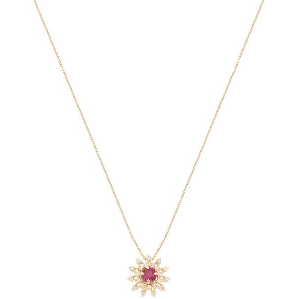 Gargantilha Em Ouro  18k Chuveiro Flor Com 1 Rubi De 0.35 CTS Com 22 Diamantes De 0.22CTS