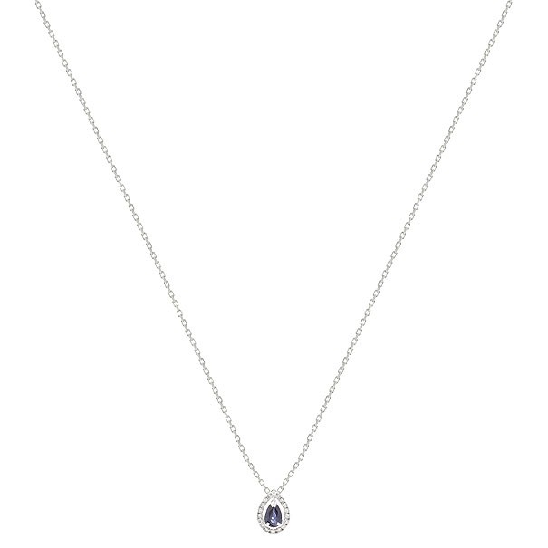 Gargantilha Em Ouro Branco 18k  Gota Com 1 Safira 0.27CTS Com 18 Diamantes 0.08CTS