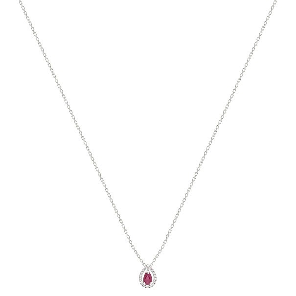 Gargantilha Em Ouro Branco 18k Gota Com 1 Rubi De 0.23CTS Com 18 Diamantes De 0.08CTS