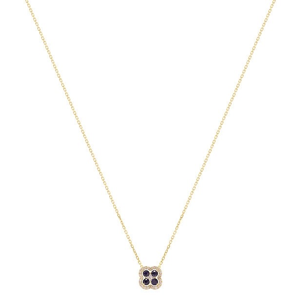 Gargantilha Em Ouro 18k Flor Com 25 Diamantes de 0.11CTS e 4 Safiras de 2.5mm de 0.34Cts    