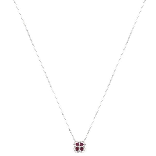 Gargantilha Em Ouro Branco 18k Flor Com 25 Diamantes De 0.11CTS Com 4 Rubis De 0.34CTS