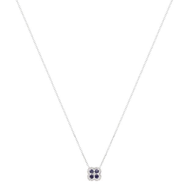 Gargantilha Em Ouro Branco 18k  Flor Com 25 Diamantes 0.11CTS Com 4 Safiras De 0.31CTS
