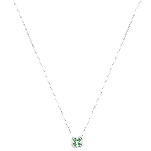 Gargantilha Em Ouro 18k Branca Flor Com 25 Diamantes 0.11CTS Com 4 Esmeraldas De 0.22CTS