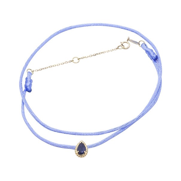 Gargantilha Em Ouro 18k Cetim Com Pingente Gota Bolinhas Polidas e 1 Safira de 6x4mm de 0.47Cts 	