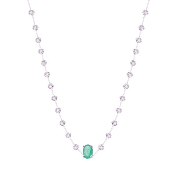 Gargantilha em Ouro Branco 18k Riviera com 1 Esmeralda Oval 7x5mm e 63 Brilhantes 