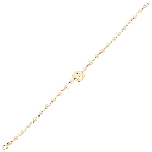 Pulseira em Ouro 18k com Pérolas 3.00 a 3.50mm Letra S - 18cm