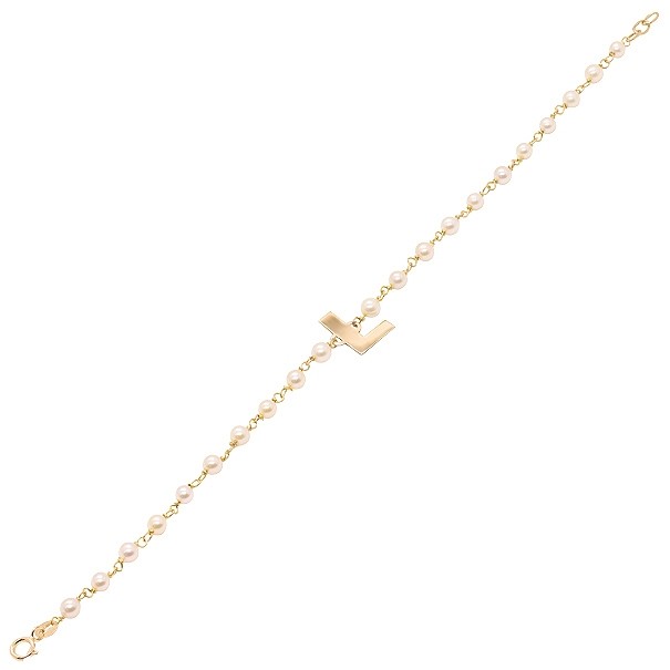 Pulseira em Ouro 18k com Pérolas 3.00 a 3.50mm Letra L - 18cm