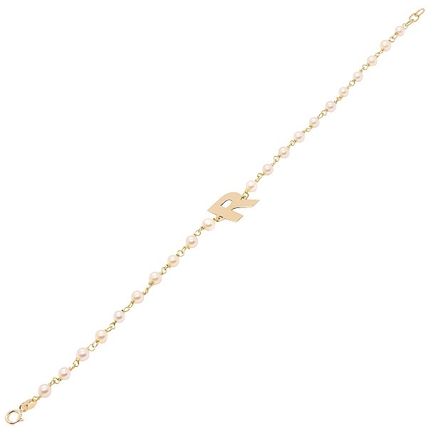 Pulseira em Ouro 18k com Pérolas 3.00 a 3.50mm Letra R - 18cm