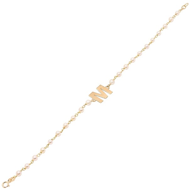 Pulseira em Ouro 18k com Pérolas 3.00 a 3.50mm Letra M - 18cm