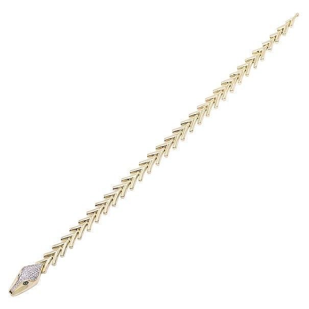 Pulseira em Ouro Amarelo 18k Cobra Escamas Polidas com 2 Esmeraldas e 53 Diamantes 0.28Cts