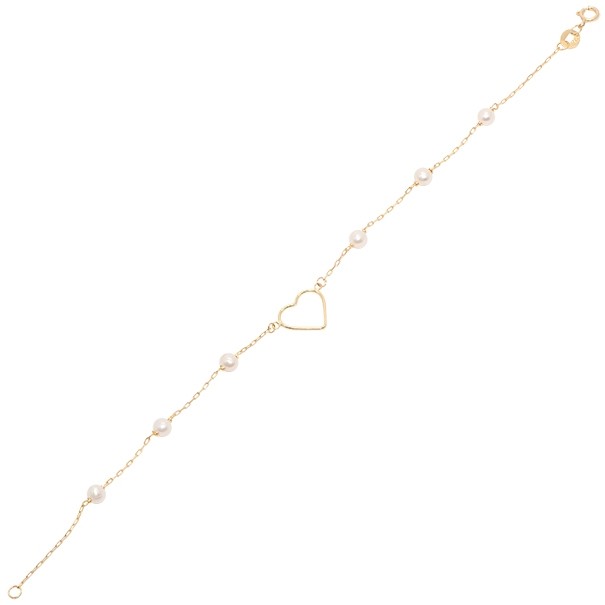 Pulseira em Ouro 18k Cartie 18cm Coração Vazado com Pérolas 3.5mm