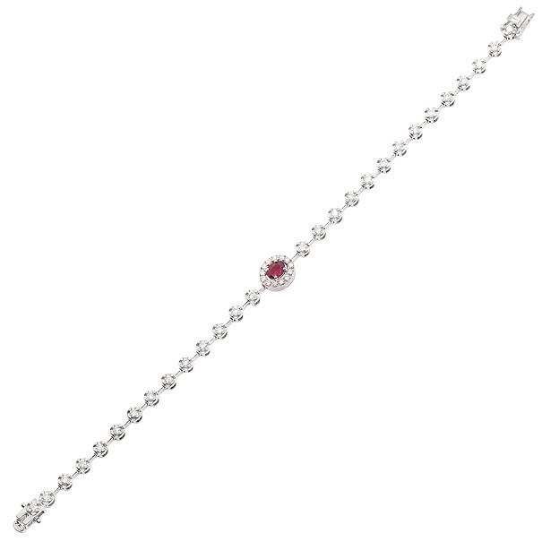 Pulseira em Ouro Branco 18k Riviera Polida com 1 Rubi 0.37Cts e 41 Diamantes 1.52Cts