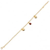 Pulseira em Ouro 18k Infantil Elo Português com Berloques Coração e Joaninha  16cm - 2.20g