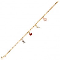 Pulseira em Ouro 18k Infantil Elo Português com 4 Berloques Tricolor 15cm - 2.50g