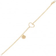 Pulseira em Ouro 18k Bailarina com Coração Vazado e Medalha São Bento 19cm - 2.20g