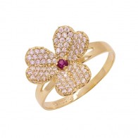 Anel em Ouro 18k Flor Cravejado com Zircônias Brancas e Vermelha