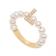 Anel em Ouro 18k Contemporâneo Pérola 4mm Letra L com 7 Diamantes 